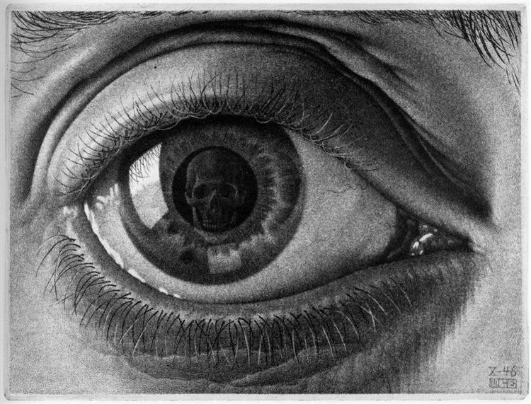 A person looks at their fate in "Eye" By M. C. Esher (1946). Can death be cured?