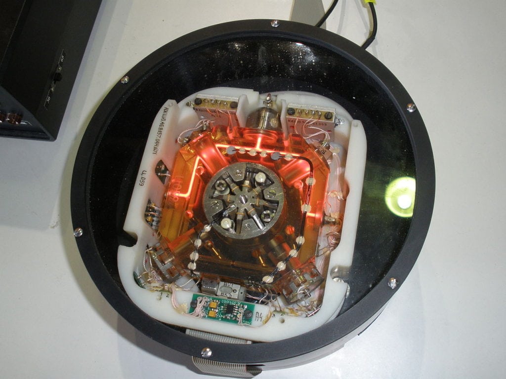Mechanical gyroscopes have long been used for navigation on aircraft, ships, and spacecraft. Modern gyroscopes based on lasers have no moving parts. They send two beams of light in opposite directions around a ring. Timing differences indicate angular motion of the vehicle. Imaged Credit: Wikimedia