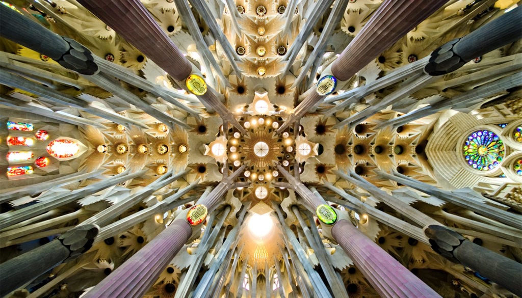 Ceiling of the the Sagrada Família in Barcelona, Spain. Image Credit: Wikipedia