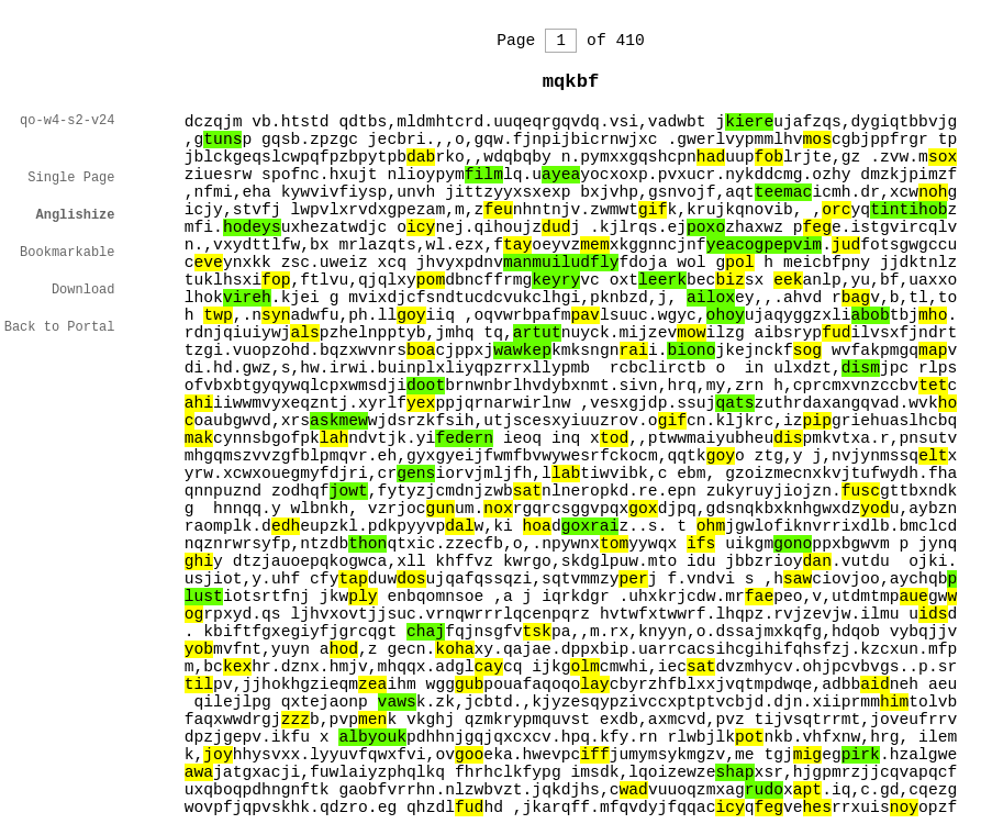 A typical page from a book in the Library of Babel is pure gibberish. Here, English-sounding words are highlighted, but are no more frequent than random chance predicts.